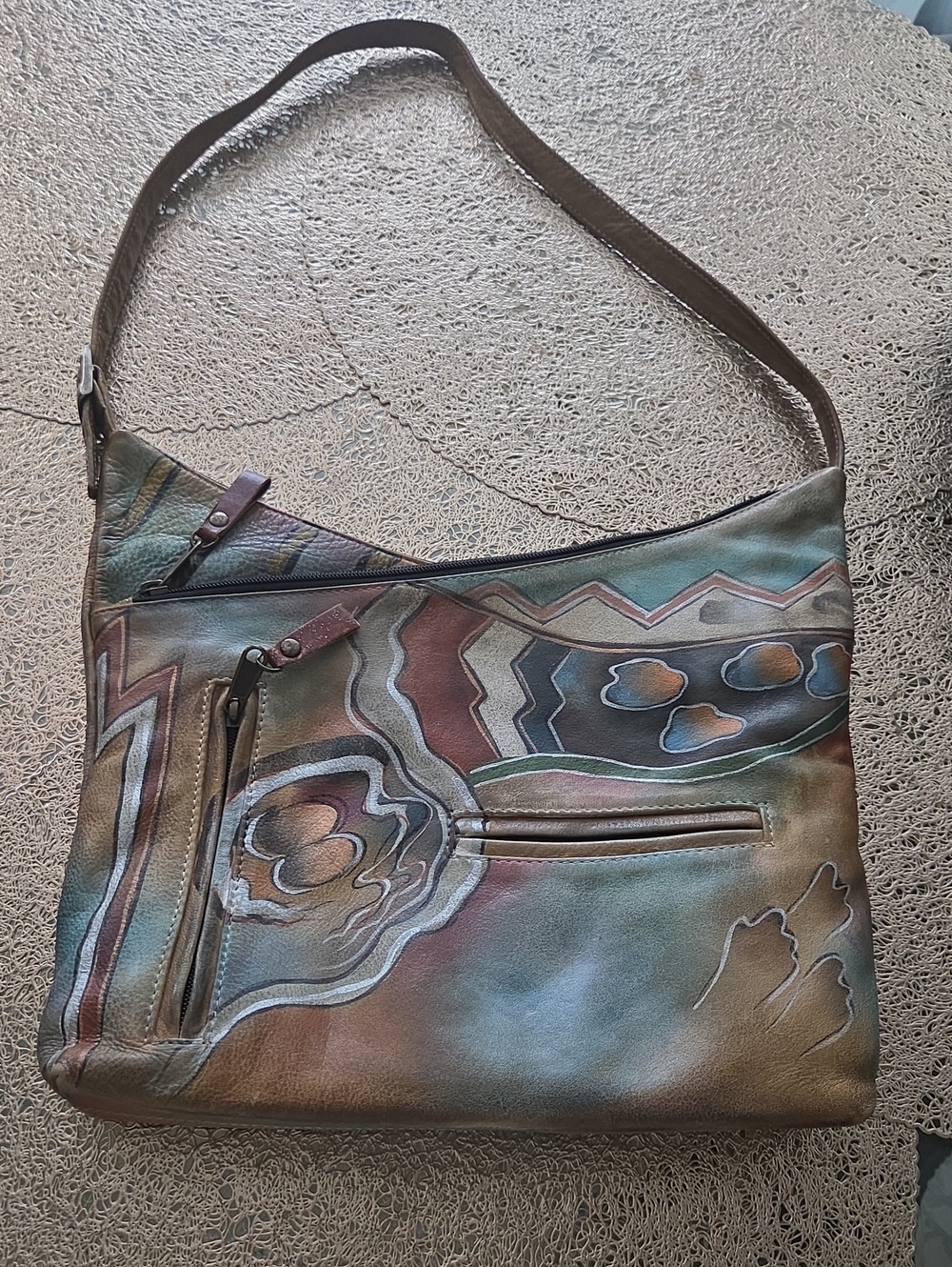 Anuschka Hand-Painted Multicolor Leather Shoulder Bag with Teal & Brown Accents